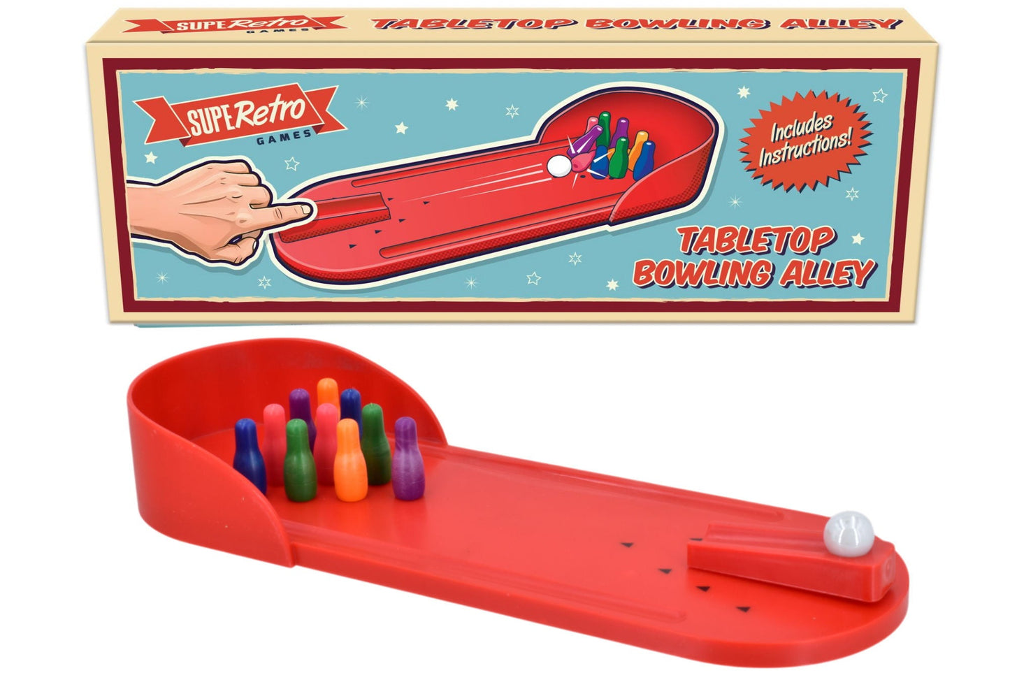 Tabletop bowling alley game with packaging on a white background