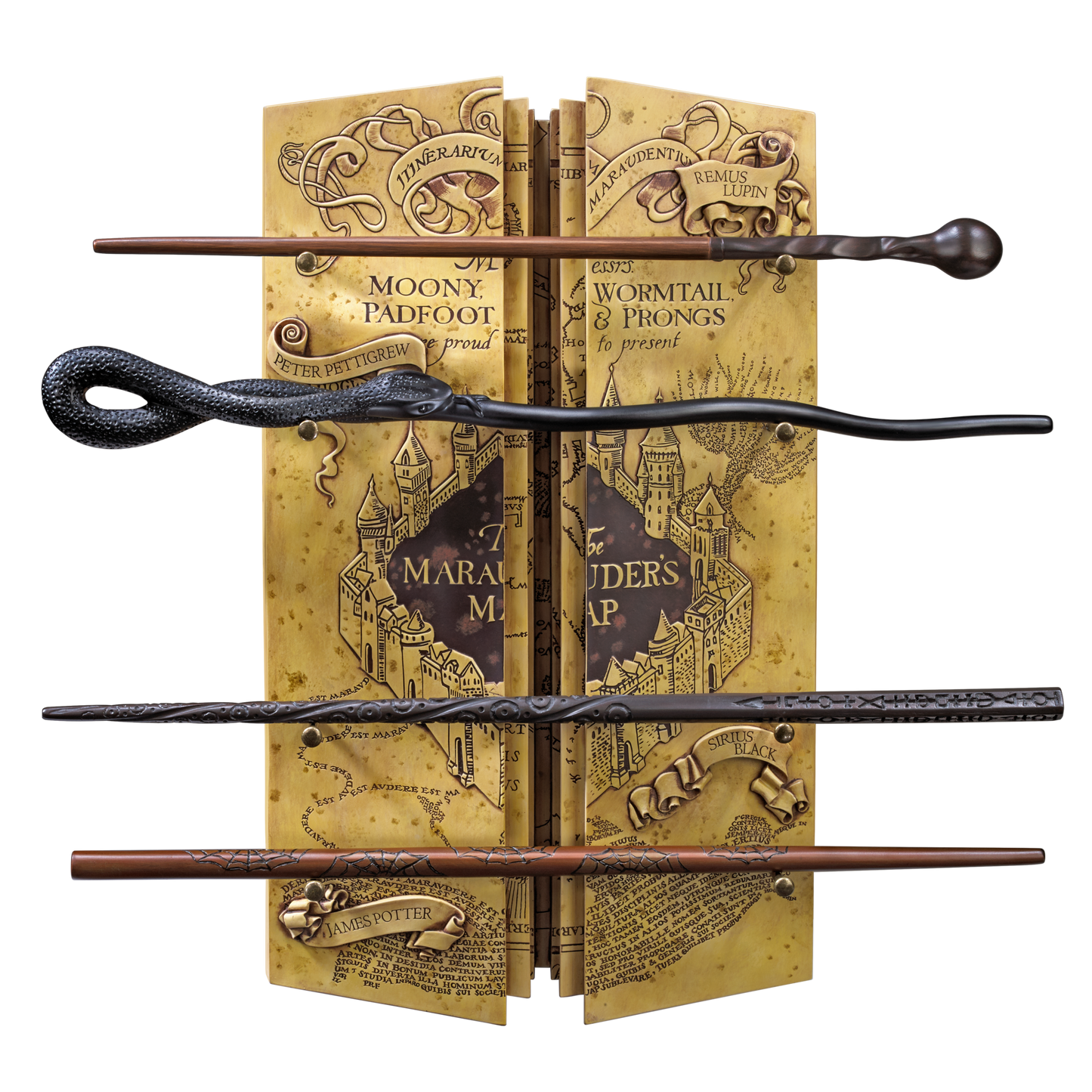 Four wizarding wands on a book with magical map design