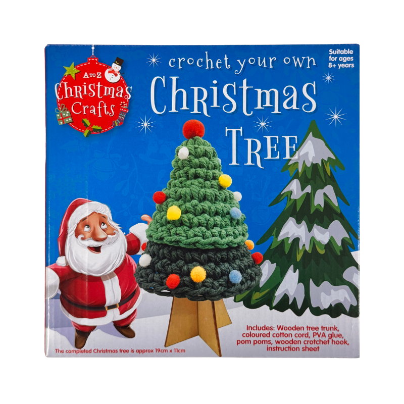 Crochet your own Christmas tree kit with Santa Claus on a blue background