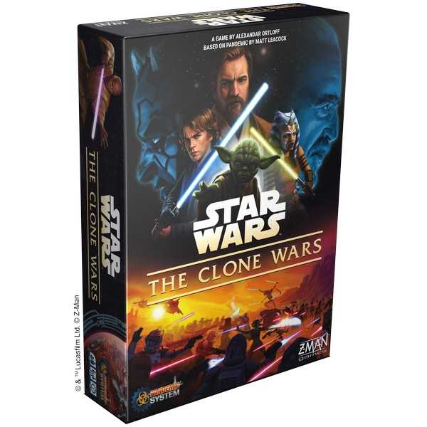 Star Wars The Clone Wars game box with characters and lightsabers on a black background