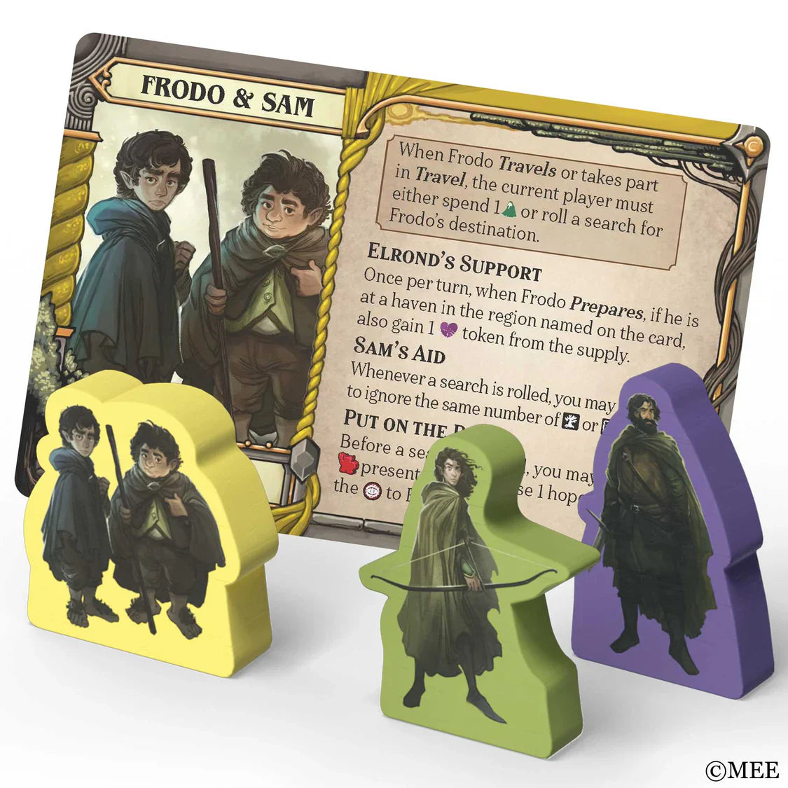 Game pieces and card featuring characters Frodo and Sam from a fantasy-themed board game.