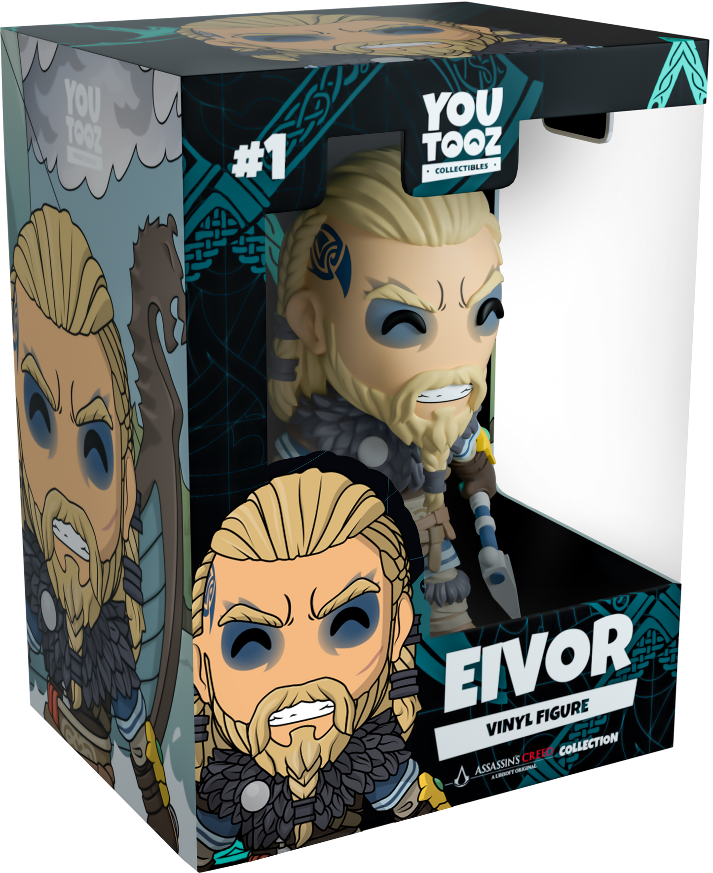 Boxed Eivor vinyl figure from Assassin's Creed with 'You Tooz' branding.