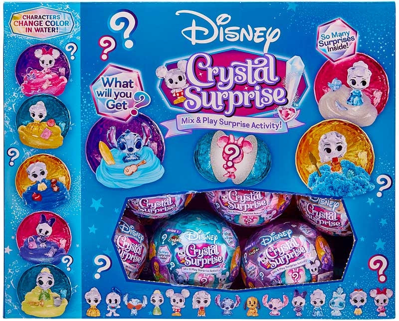 Disney Crystal Surprise toy set packaging with colorful characters and question marks on a blue background