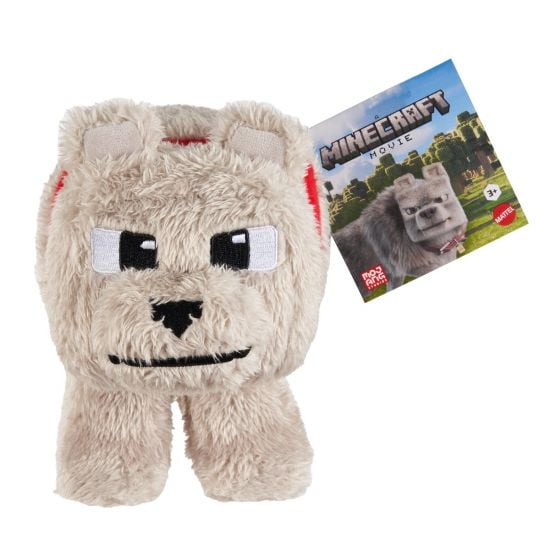 Plush toy resembling a Minecraft character with a Minecraft branded card on a white background