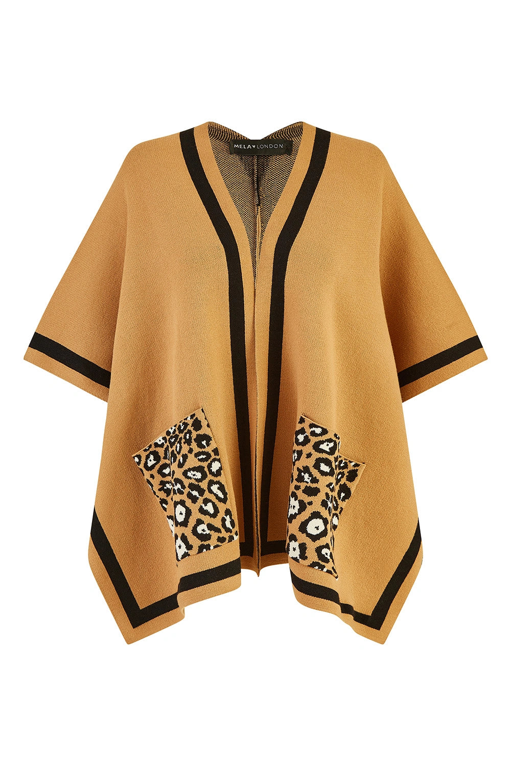 Camel Leopard Print Pocket Knitted Cape