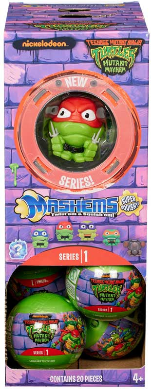 Box of Teenage Mutant Ninja Turtles Mashems toys with character and packaging details.