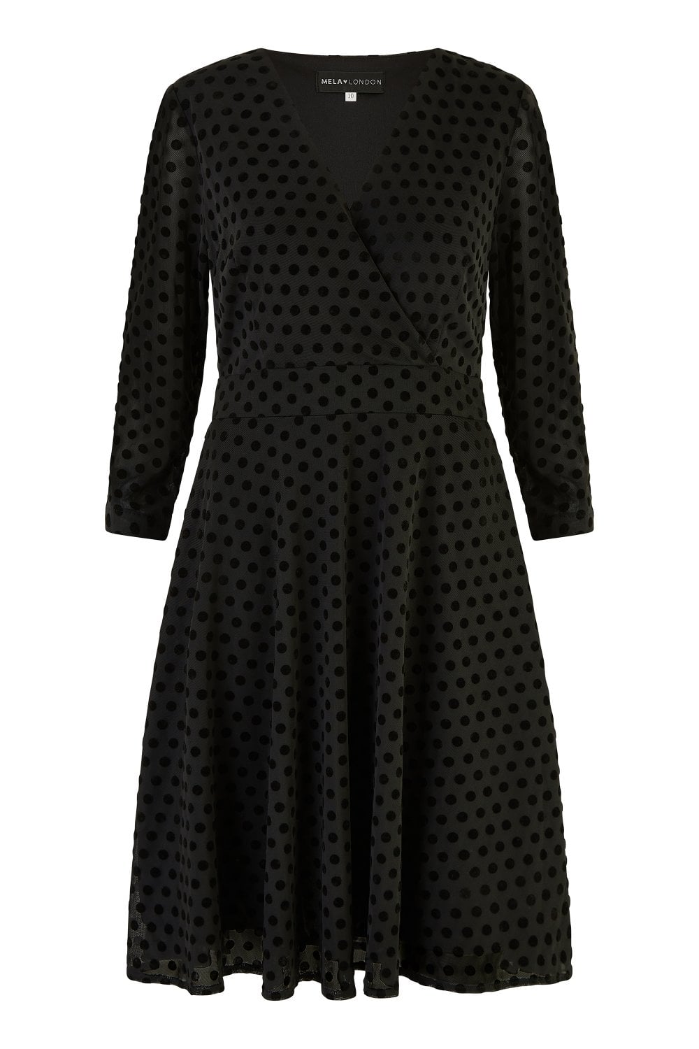 Black Velour Spot 3/4 Sleeve Wrap Skater Dress