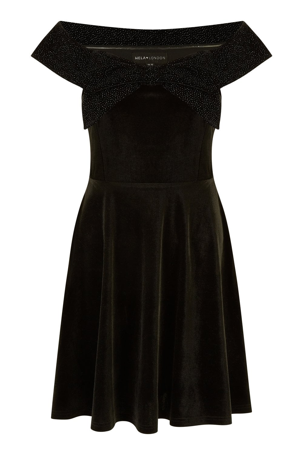 Black Velvet Skater Dress With Sparkle Bow Neckline