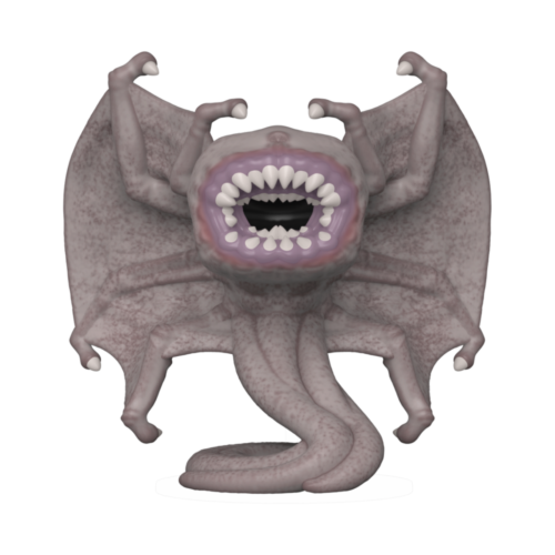 Gray bat-like creature with a wide open mouth on a white background
