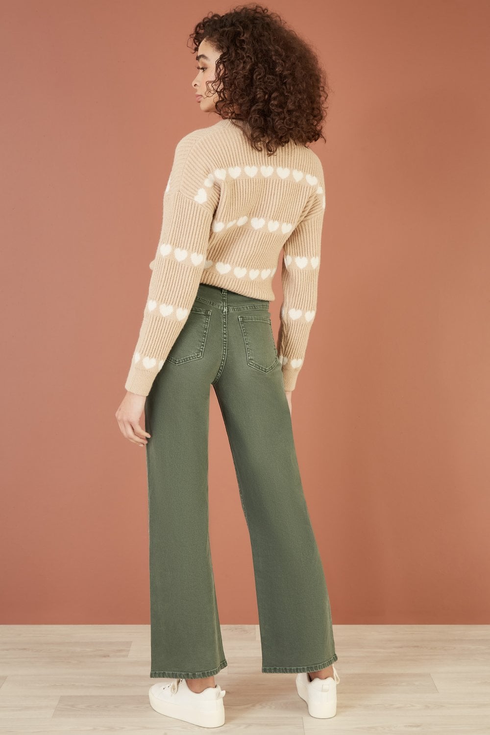 Green Stretch Canvas Wide Leg High Waist Jeans