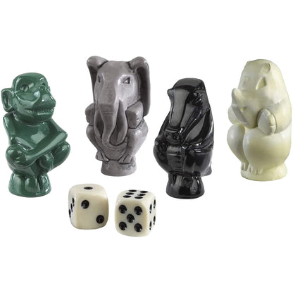 Set of four animal-shaped dice and two dice on a white background