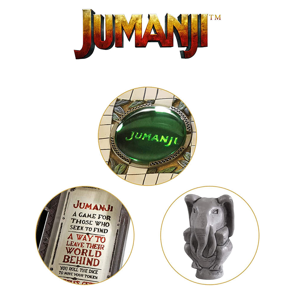 Jumanji game components including a green button, book, and elephant figure on a white background.