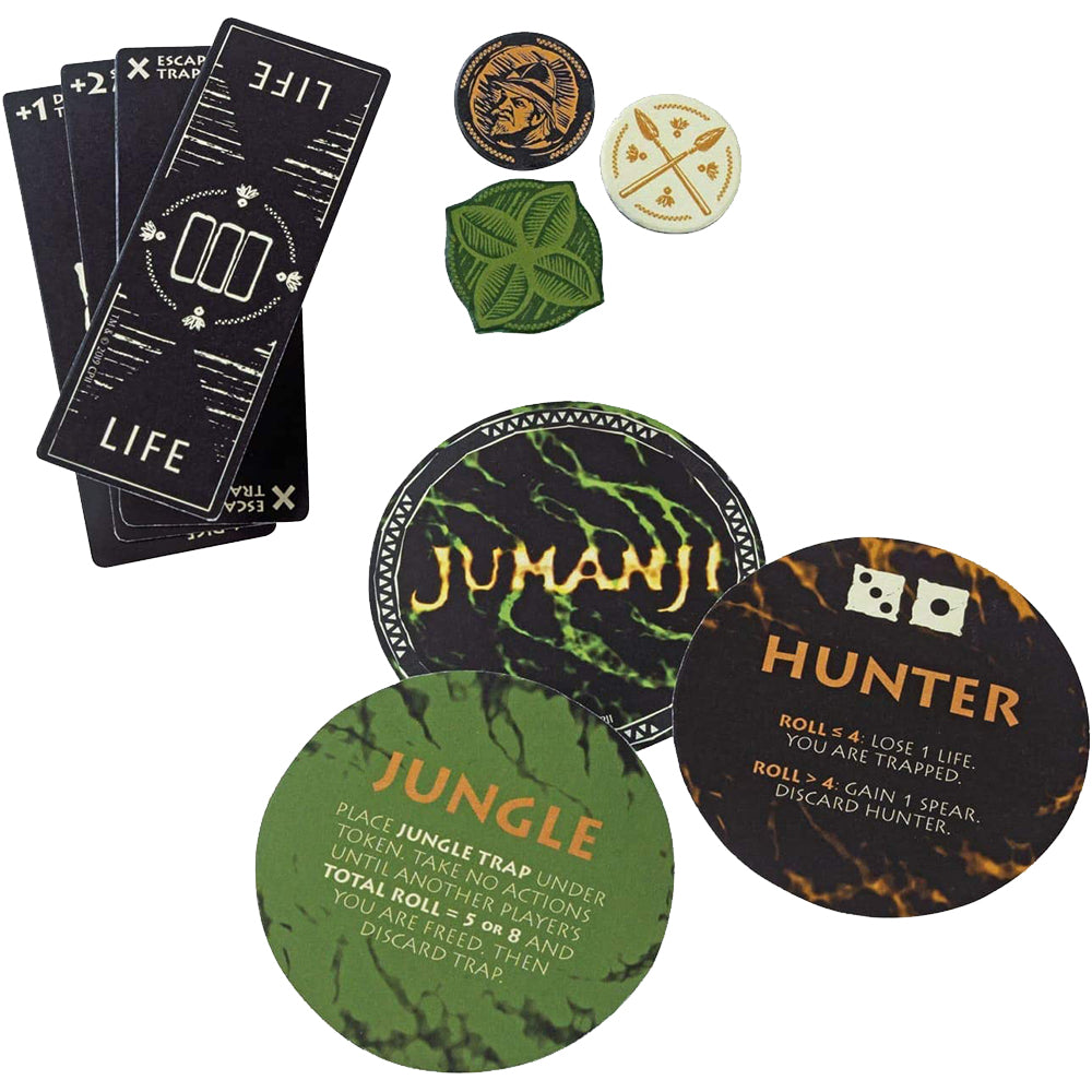 Jumanji-themed game pieces including cards and tokens on a white background