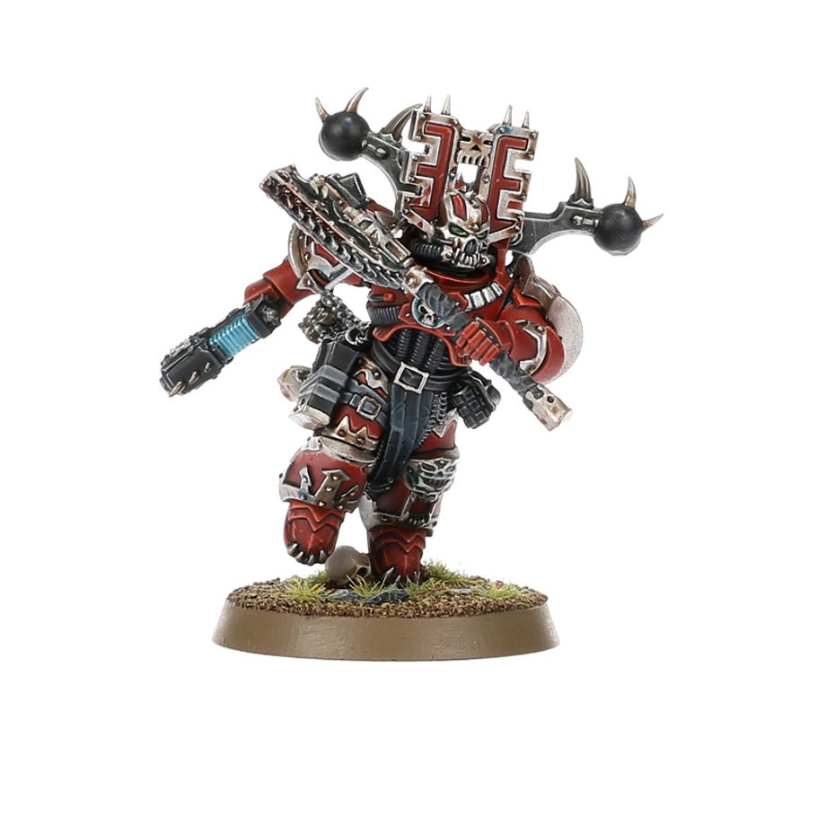 Warhammer figurine with detailed armor and weapons on a white background