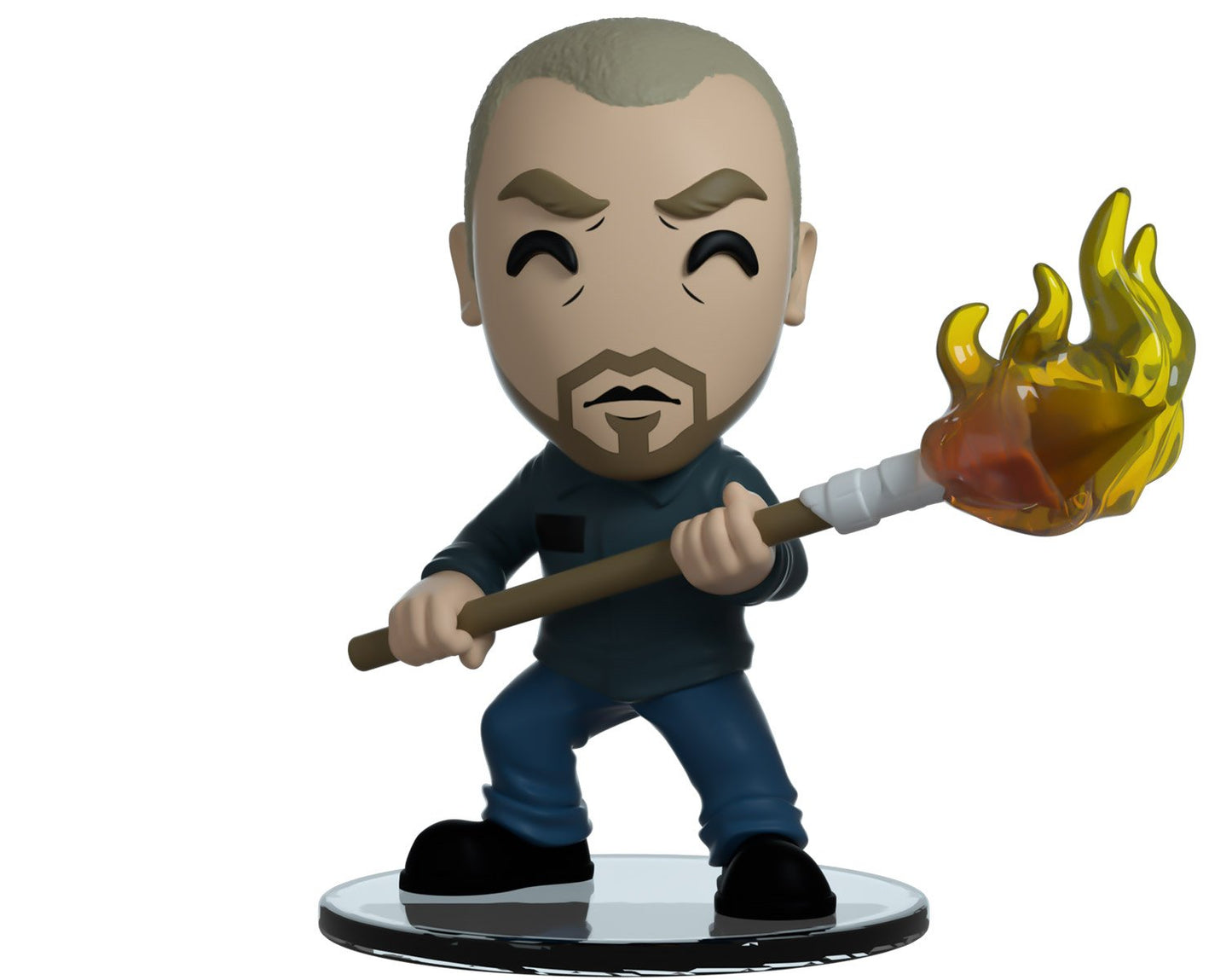 vinyl figure of a character named Hopper with a flaming weapon