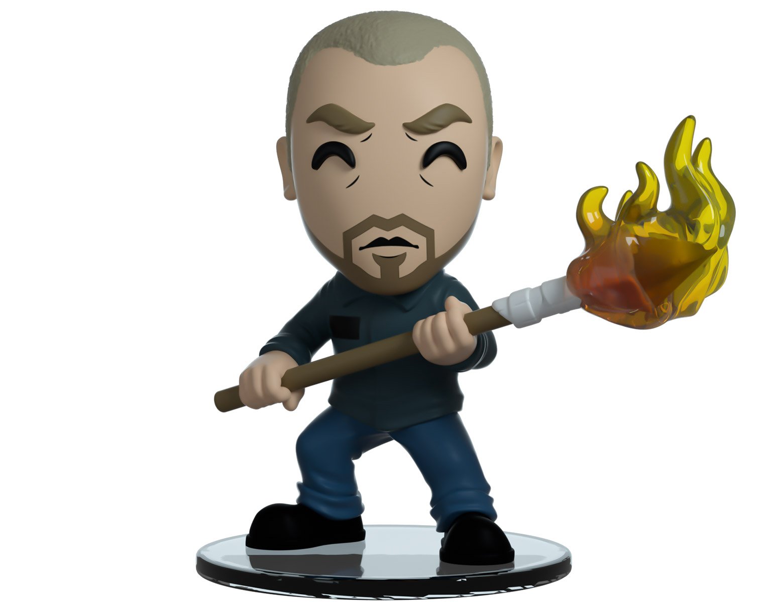 vinyl figure of a character named Hopper with a flaming weapon