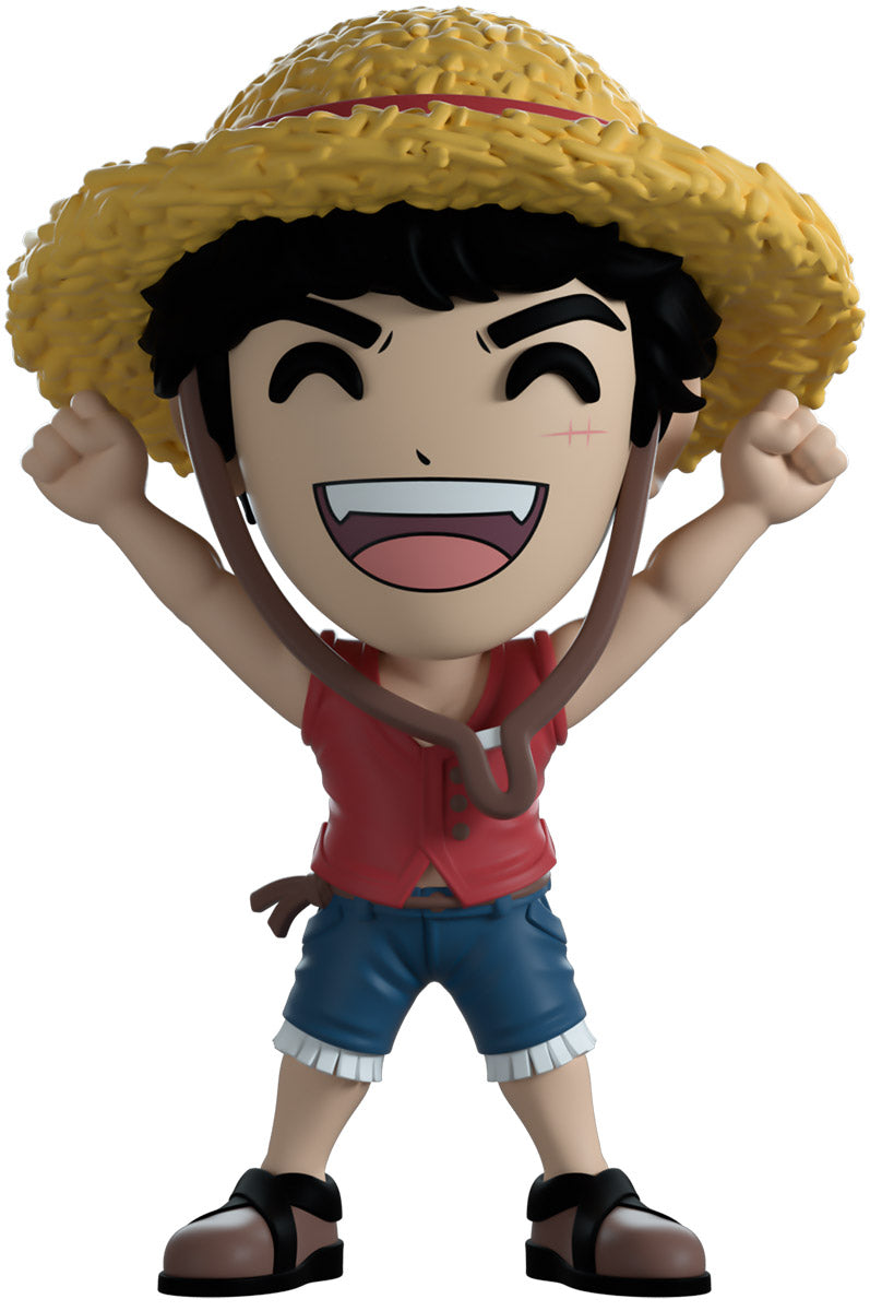 vinyl figure of Luffy a character with a straw hat and red shirt, featuring 'YOU TOOZ' branding.