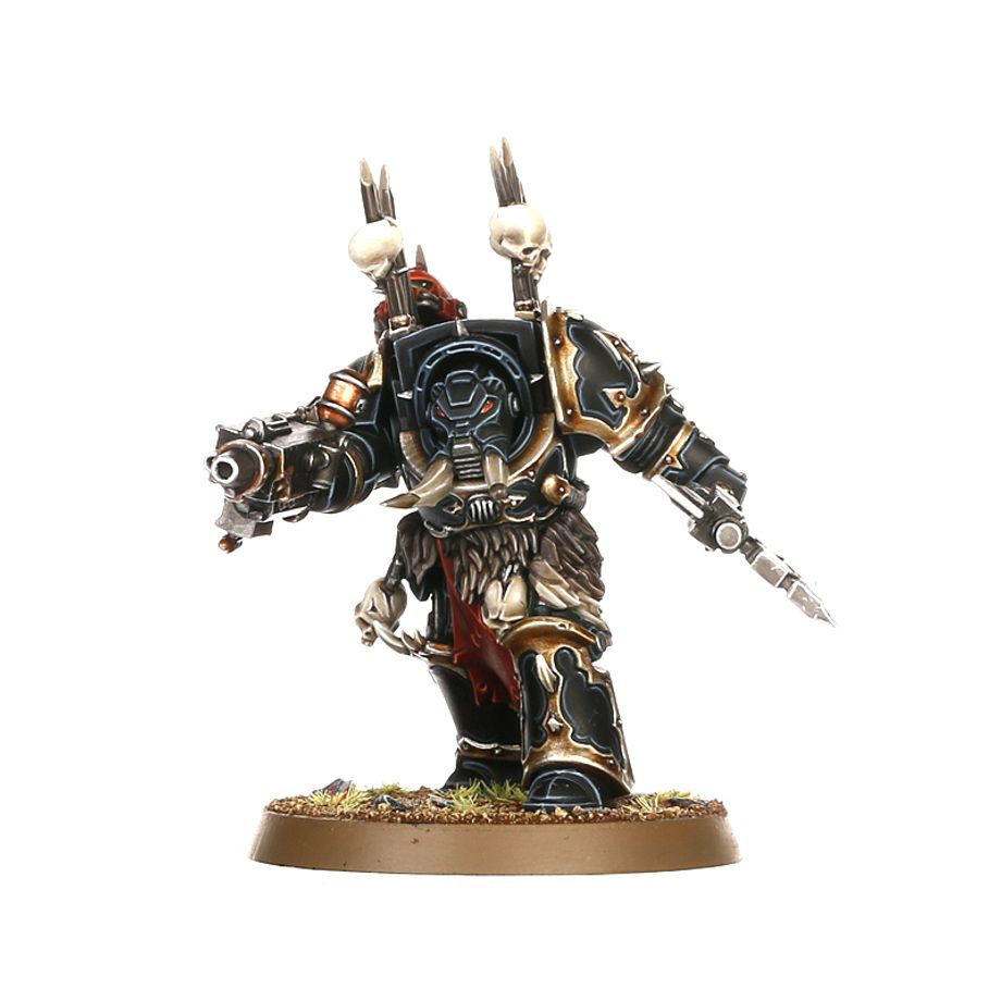 Warhammer figurine with detailed armor and weapons on a white background