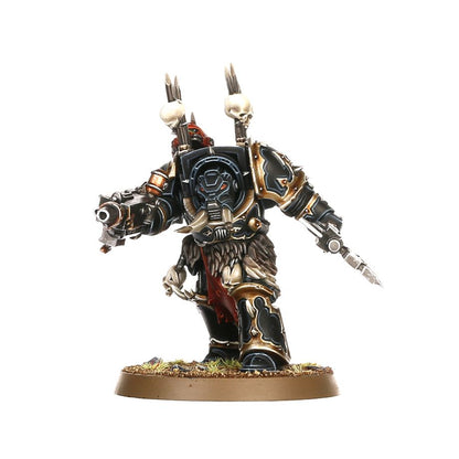 Warhammer figurine with detailed armor and weapons on a white background