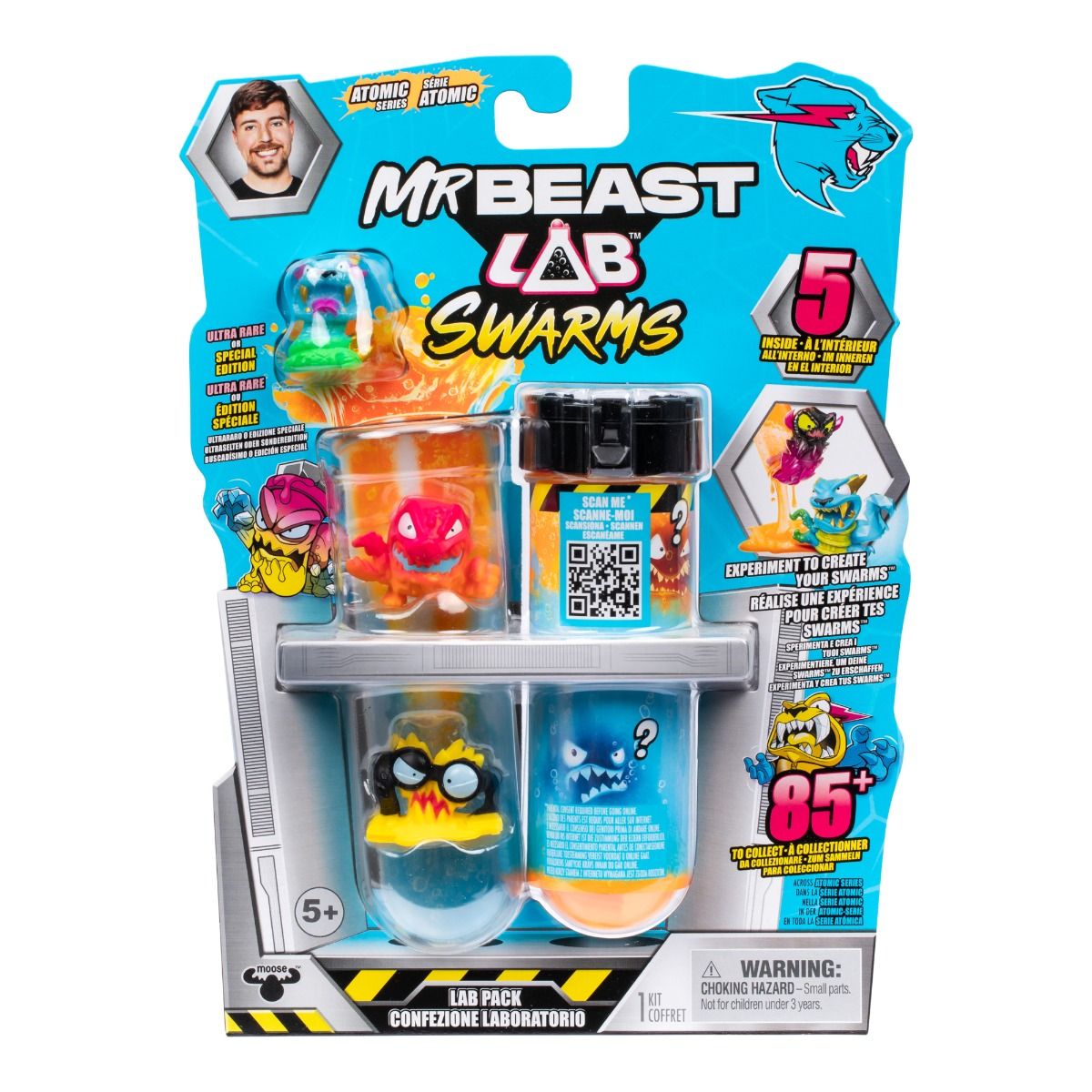 MrBeast Lab Swarms toy packaging with colourful creatures and branding.