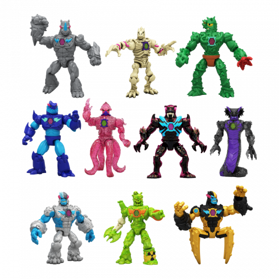 Collection of colorful action figures on a white background