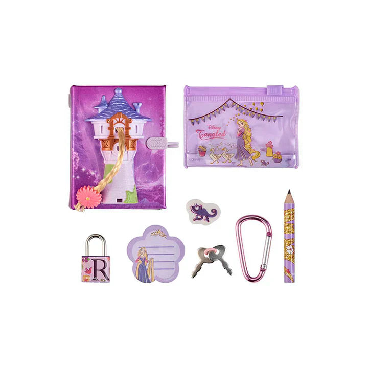 Set of Disney Tangled-themed stationery items on a white background
