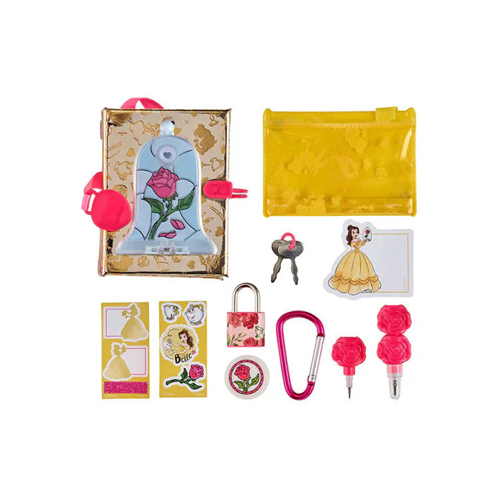 Collection of Disney Beauty and the Beast-themed items including a card, lock, key, and other accessories on a white background.