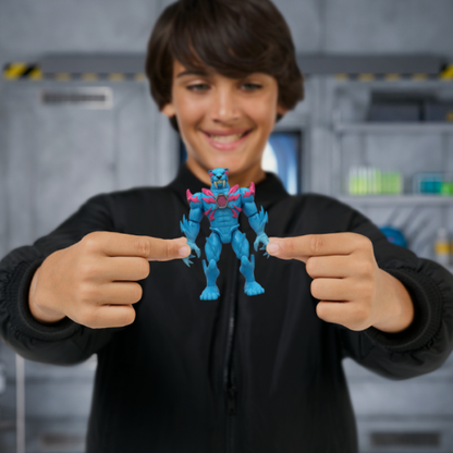 Child holding a blue and pink toy figure in front of a gray background