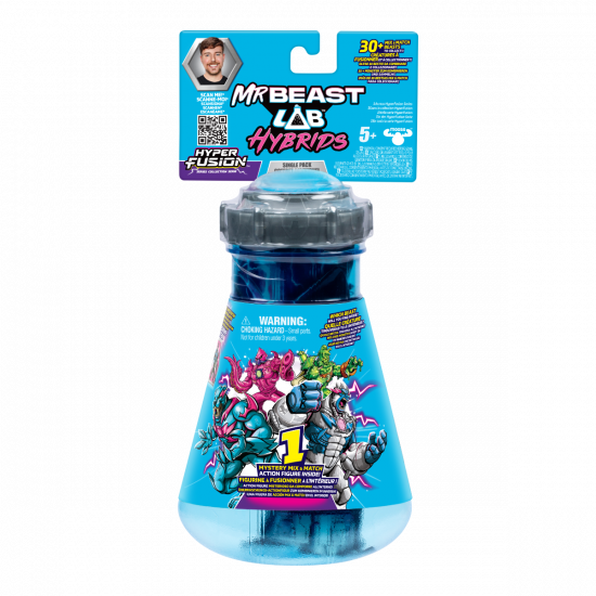 Toy container with 'MrBeast Lab Hybrids' packaging on a white background