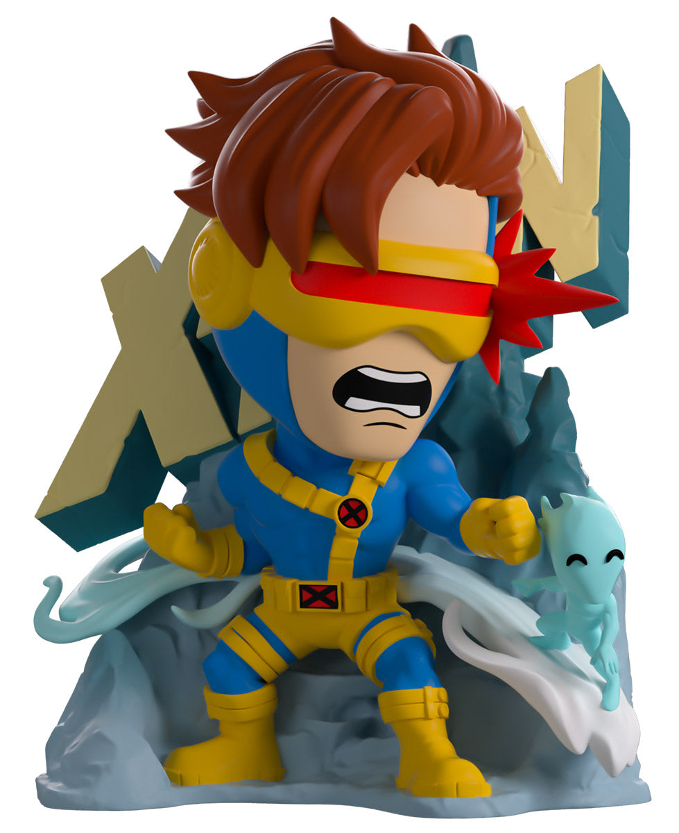 Toy figure of a superhero with red hair and blue costume, standing on a white background.