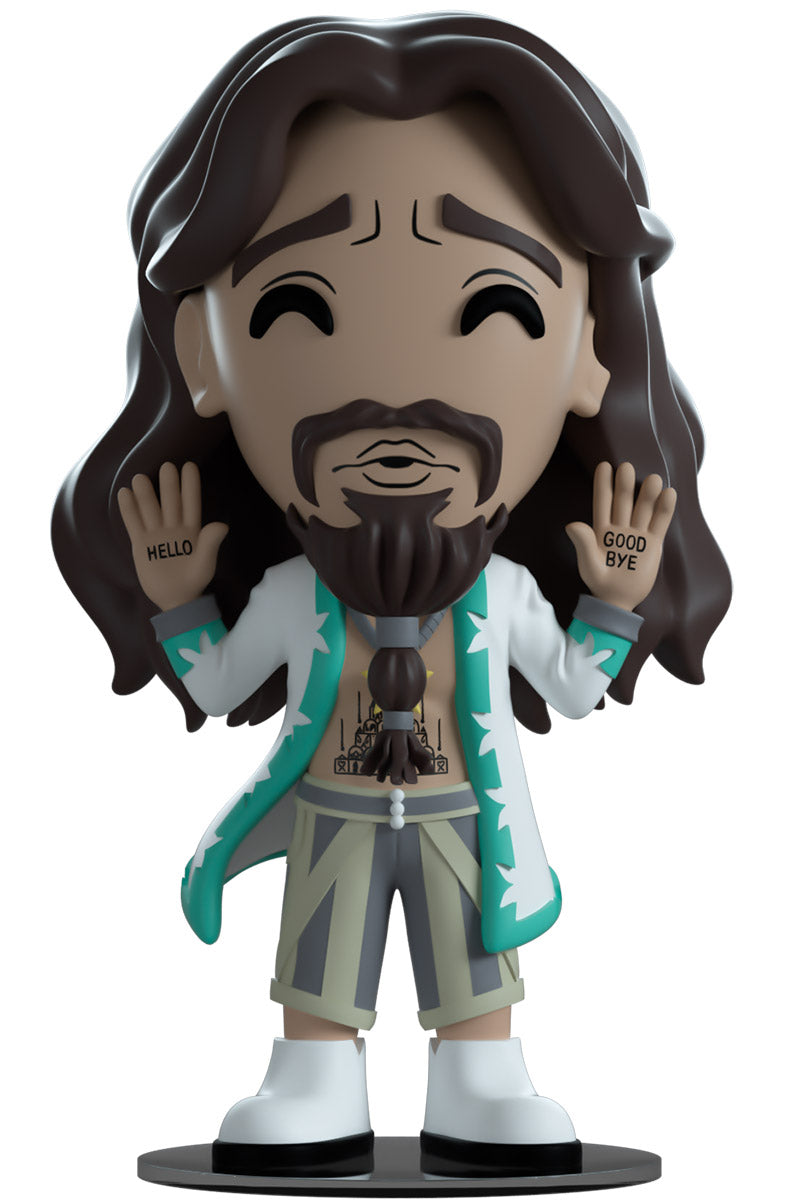 YouTooz vinyl figure ofKlaus a character with long hair and beard, wearing a jacket and shorts.