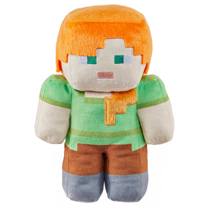 Plush minecraft toy resembling a character from a video game with orange hair and green shirt on a white background