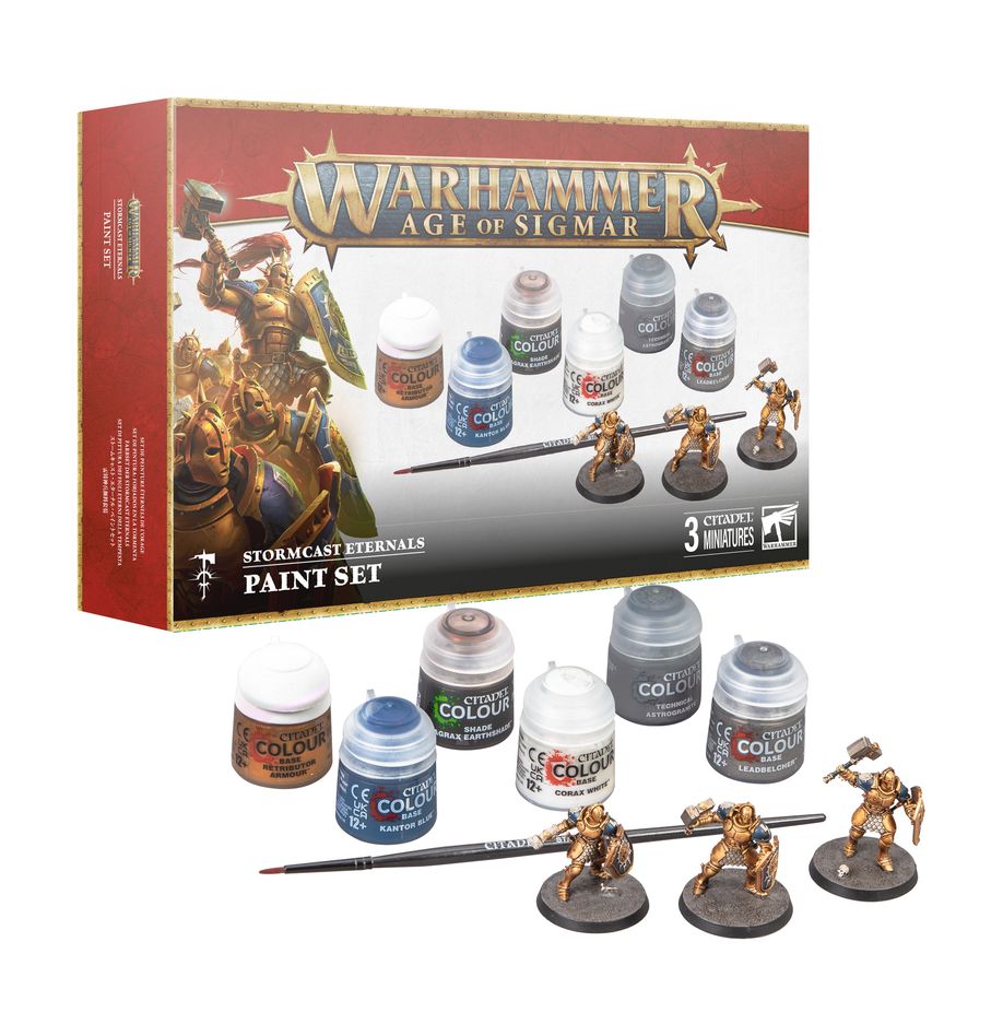 Warhammer Age of Sigmar Stormcast Eternals Paint Set packaging with miniatures and paint bottles.