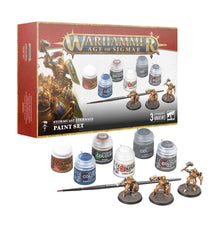 Warhammer Age of Sigmar Stormcast Eternals Paint Set packaging with miniatures and paint bottles.