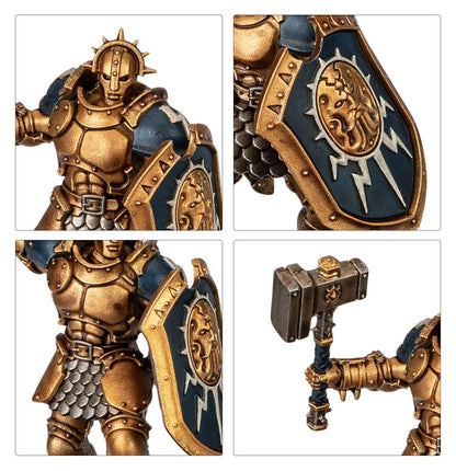 Collage of a detailed figurine in armor with a shield and weapon, featuring gold and blue colors.