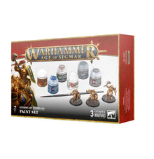Warhammer Age of Sigmar paint set packaging with miniatures and paint bottles.