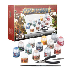 Warhammer Age of Sigmar paint set with bottles and tools on a white background
