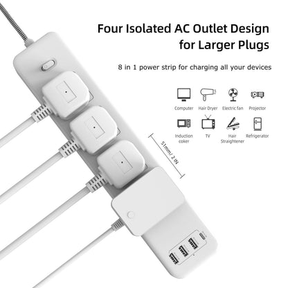 2m 4-Socket UK Power Switch Extension Lead with 3x USB-A / 1x USB-C Ports