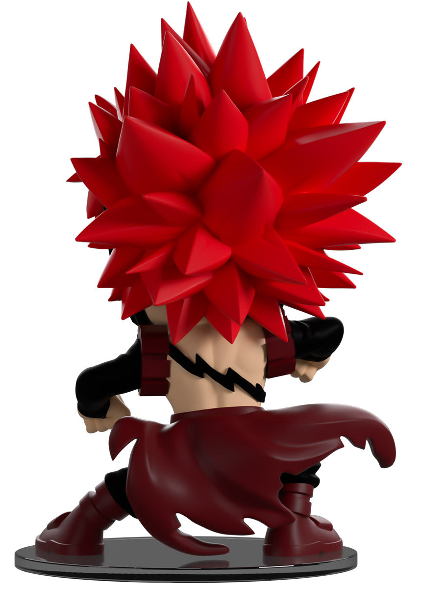 Animated character figurine with red spiky hair and black mask on a white background. The Vinyl figure of Eijiro Kirishima from YouTooz 