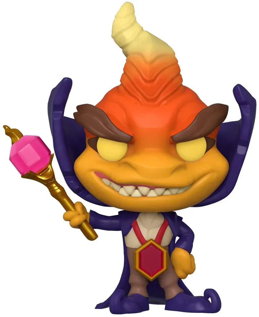 Animated character Ripto with orange face, purple outfit, and holding a staff on a white background