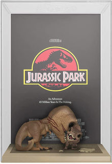 Framed 'Jurassic Park' movie poster with dinosaur models on a gray background
