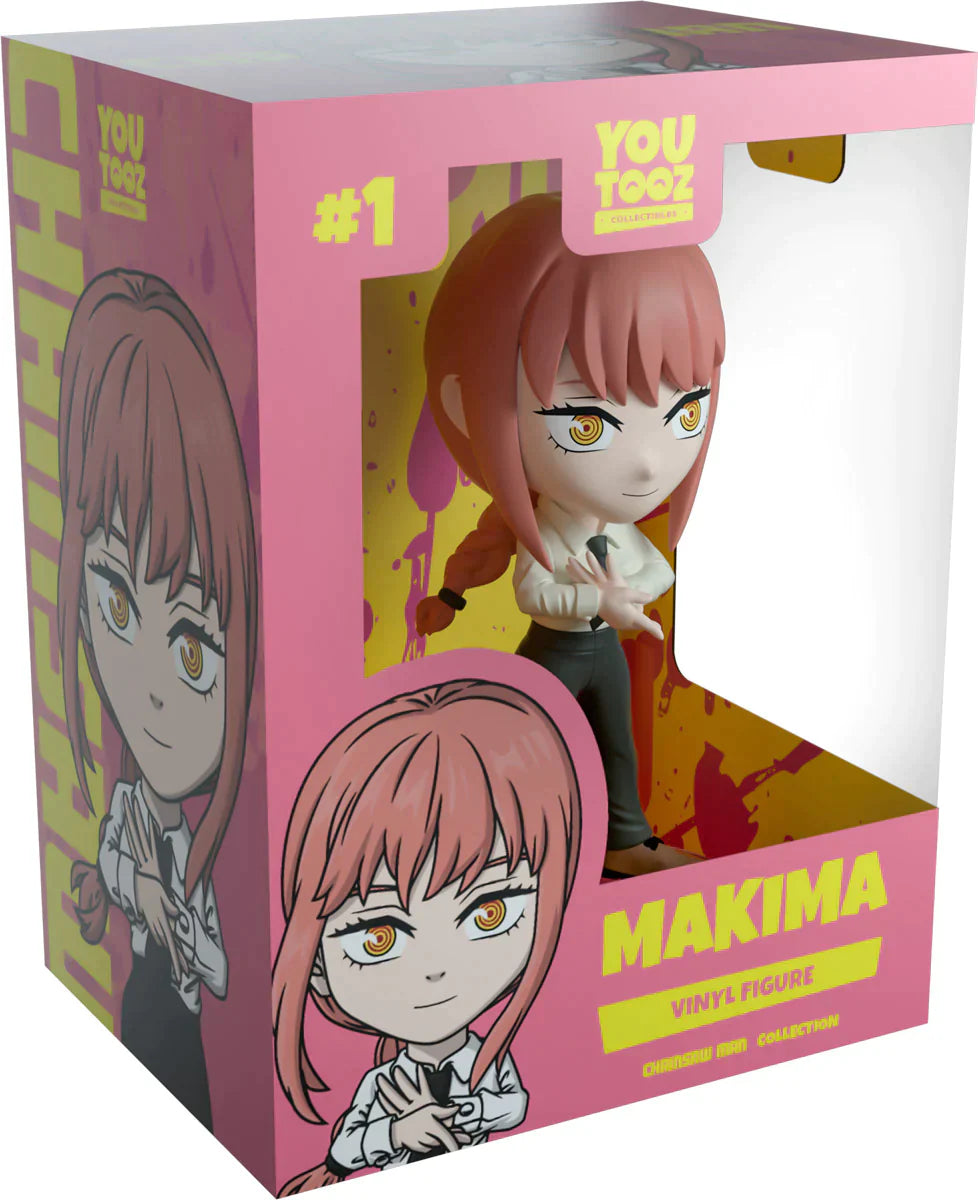 Boxed vinyl figure of a character named Makima with pink hair and yellow eyes, featuring the brand 'YouTooz'.