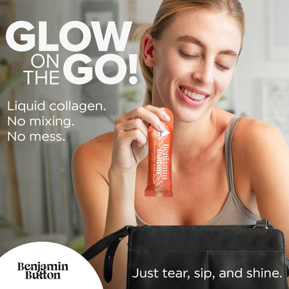 Woman holding a liquid collagen package with promotional text and branding.