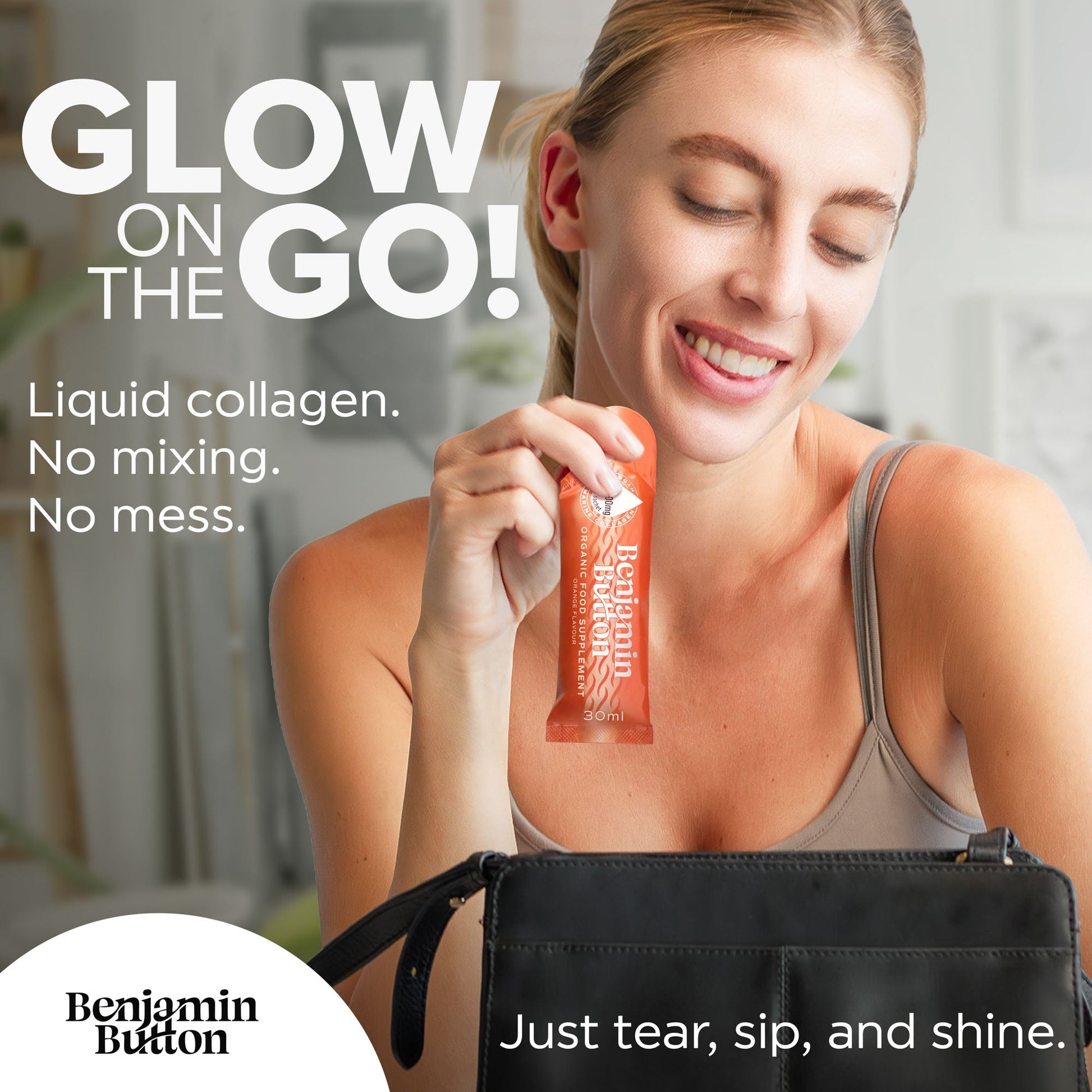 Woman holding a liquid collagen package with promotional text and branding.