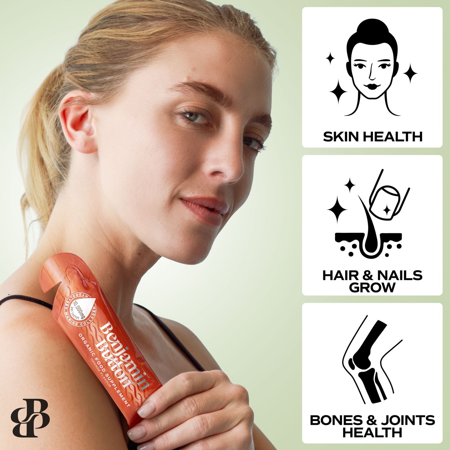 Woman holding a supplement with icons and text about skin health, hair & nails, and bones & joints on a light green background.