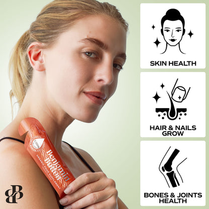 Woman holding a supplement with icons and text about skin health, hair & nails, and bones & joints on a light green background.