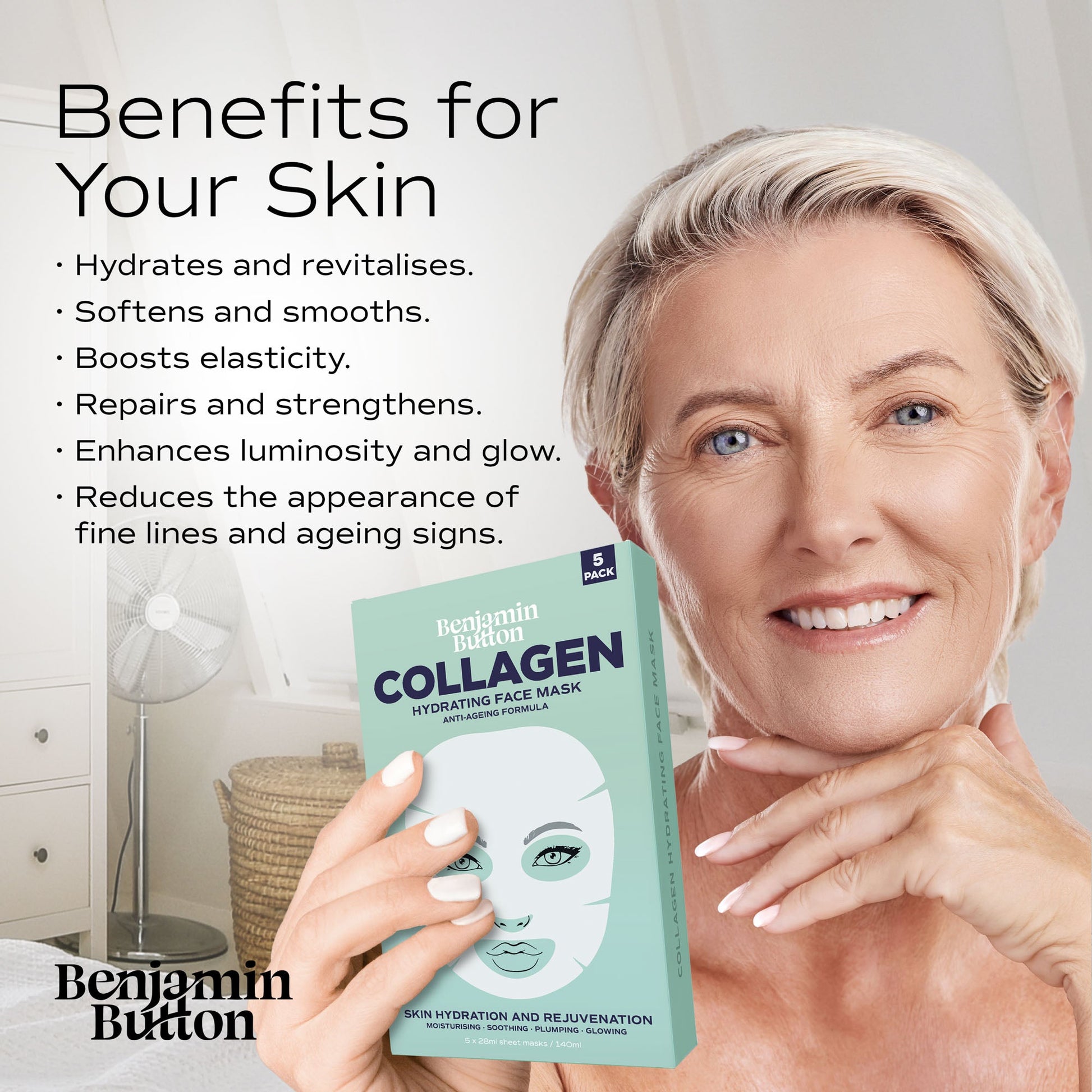 Woman holding a Benjamin Button Collagen face mask with text about skin benefits.