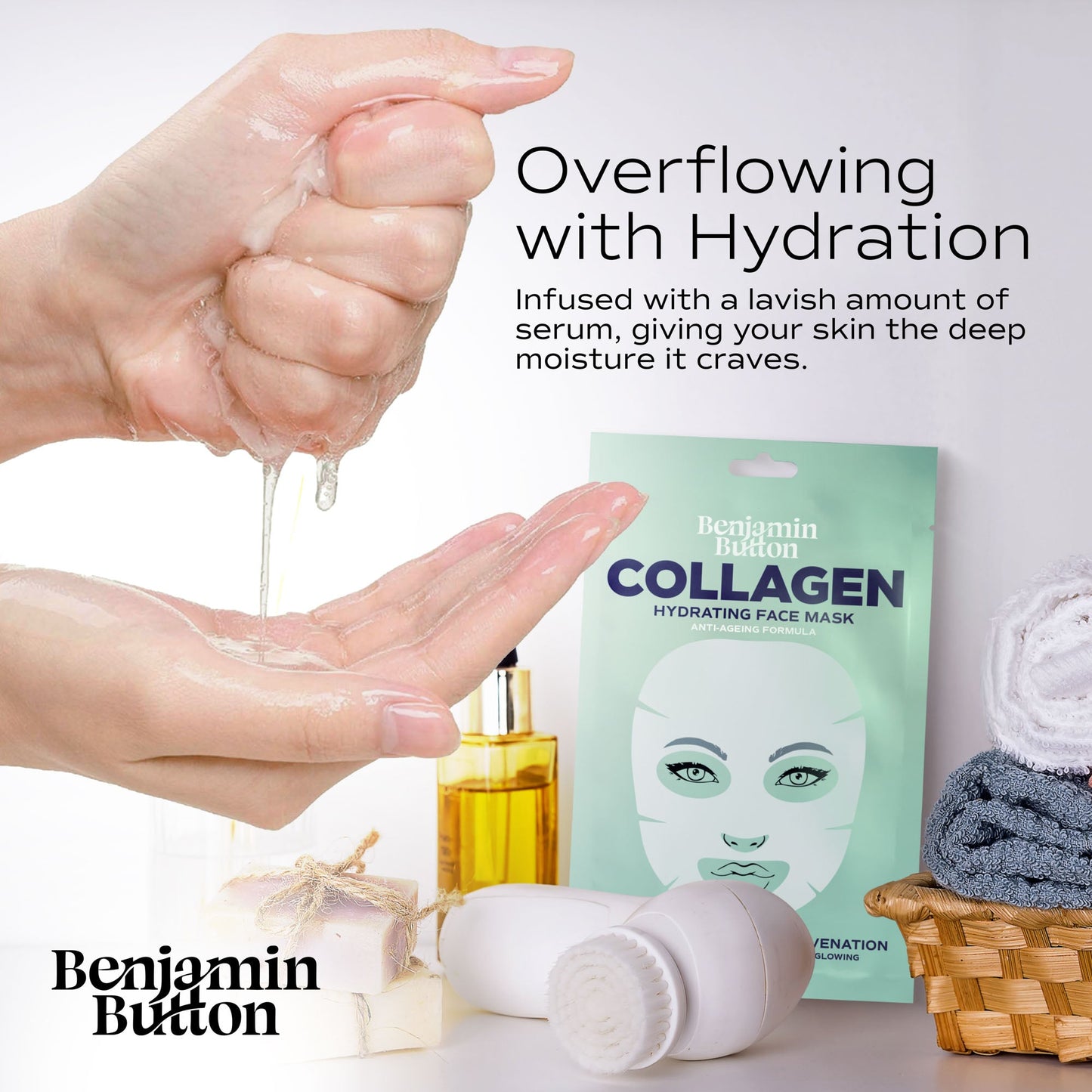 Collagen face mask packaging with hands applying serum, Benjamin Button brand visible