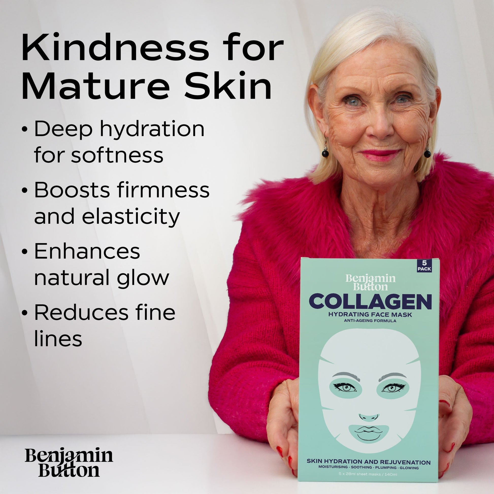 Woman holding a Benjamin Button Collagen face mask with product benefits listed.