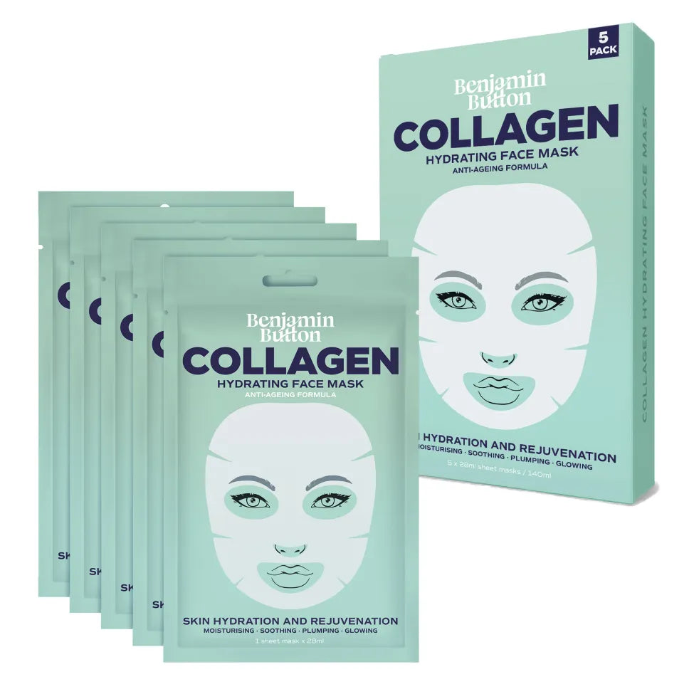 Benjamin Button Collagen Hydrating Face Mask packaging with multiple face mask packets on a white background